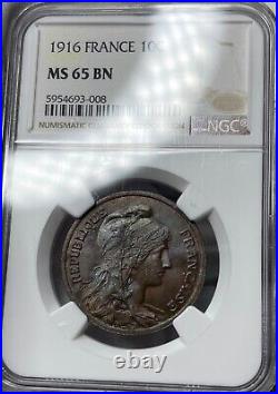 1916 France 10 Centimes NGC MS65 BN Choice Uncirculated! Beautiful Coin