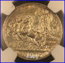 1917 1 Lire Lira Italy Rome NGC MS 62 Quadriga Beautiful Coin