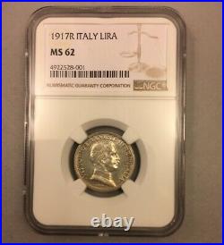 1917 1 Lire Lira Italy Rome NGC MS 62 Quadriga Beautiful Coin