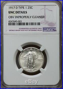 1917-D T1 Standing Liberty Quarter NGC Unc Details Beautiful Silver Coin