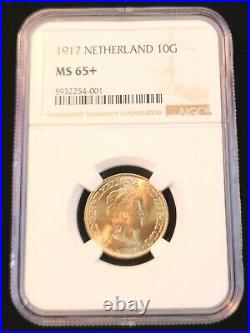 1917 Netherlands Gold 10 Gulden Wilhelmina I Ngc Ms 65+ Stunning Gem Bu Beauty