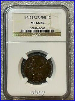 1918 S Philippines 1 Centavo Coin NGC MS64 BN Super Rare Grade Beautiful