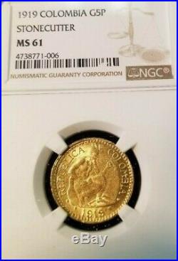 1919 Colombia Gold 5 Pesos Ngc Ms 61 Scarce Mint State Coin Beautiful