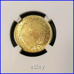 1919 Colombia Gold 5 Pesos Ngc Ms 61 Scarce Mint State Coin Beautiful