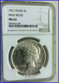 1921 Peace Dollar Beautiful High Relief Coin. NGC MS62. Rare Date