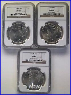 1923 1924 1925 NGC 66 3 Coin Peace Dollar Set Lustrous & Beautiful