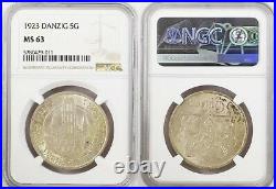 1923, Danzig (Free City). Beautiful Large Silver 5 Gulden Coin. Rare! NGC MS-63