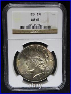 1924 P Silver Peace Dollar Graded Coin Toned MS63 NGC Beautiful Color Toning