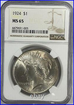 1924 Peace Silver Dollar NGC MS65 Gem Mint Beautiful Lustrous Piece Carat Coin