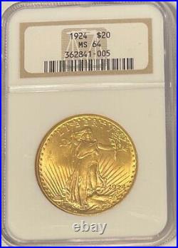 1924 St. Gaudens 20 Dollar Gold Double Eagle NGC MS 64 Beautiful Coin