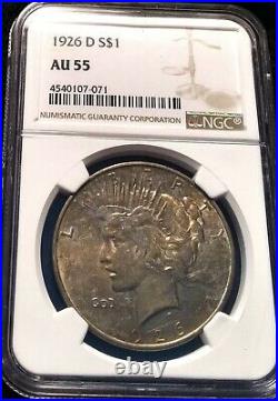 1926-D Peace Silver Dollar AU-55 NGC Key Date Coin, Beautiful Coin With Toning