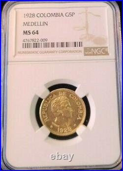 1928 Colombia Gold 5 Pesos G5p Medellin Ngc Ms 64 High Grade Bu Beautiful Luster