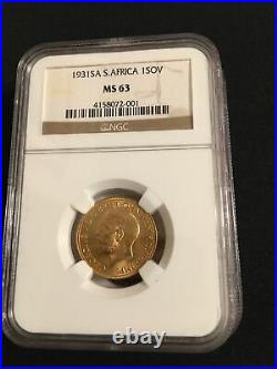 1931-SA South Africa Pretoria Gold Sovereign Coin NGC MS 63, a beauty