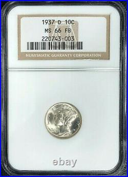 1937-d Mercury Silver Dime Ngc Ms 66fb Beautiful Coinref#43-003