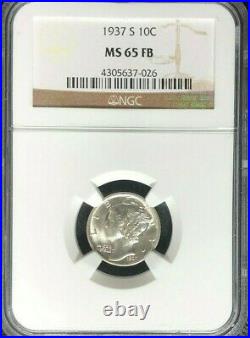 1937-s Mercury Silver Dime Ngc Ms 65 Fb Full Bands Beautiful Coin
