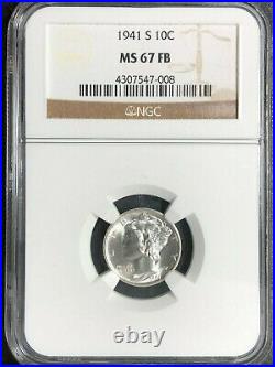 1941-s Mercury Silver Dime Ngc Ms 67 Fb Full Bands Beautiful Coin