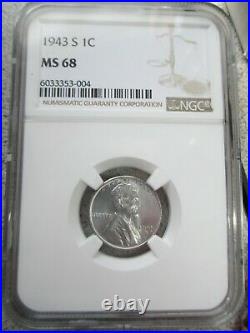 1943-s Steel Lincoln Wheat Cent Ngc Ms 68 Beautiful World War II 2 Coin Rare
