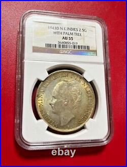 1943d Netherlands Silver 2.5 Gulden Wilhelmina I Ngc Au 55 Beautiful Coin