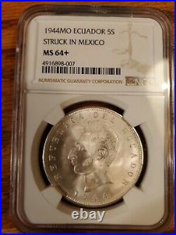 1944 Ecuador Silver 5 Sucres Struck In México Beautiful Coin. MS64 plus NGC
