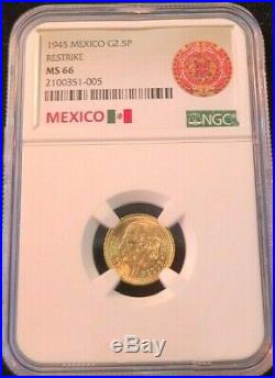 1945 Mexico Gold 2.5 Pesos G2.5p Hidalgo Restrike Ngc Ms 66 Stellar Gem Beauty