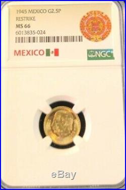 1945 Mexico Gold 2.5 Pesos Restrike Ngc Ms 66 High Grade Bright Gem Bu Beauty