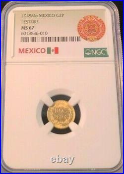 1945 Mexico Gold 2 Pesos Restrike Ngc Ms 67 Dazzling Luster Scarce Beauty