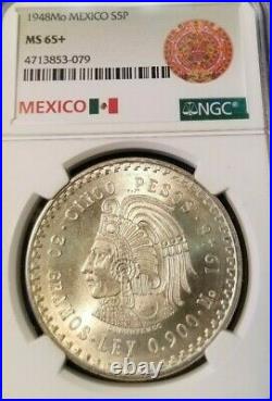 1948 Mo MEXICO SILVER 5 PESOS CUAUHTEMOC NGC MS 65+ HIGH GRADE BEAUTIFUL COIN