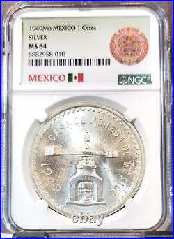 1949 Mexico Silver 1 Onza Casa De Moneda Ngc Ms 64 Key Date Beautiful Bu Coin