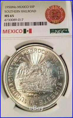 1950 Mexico Silver 5 Pesos S5p Southern Railroad Ngc Ms 65 Key Coin Beautiful