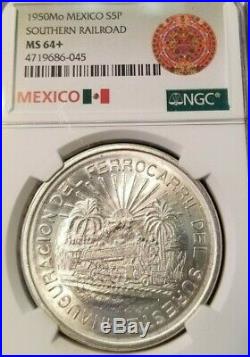 1950 Mexico Silver 5 Pesos Southern Railroad Ngc Ms 64+ Key Date Beautiful Coin