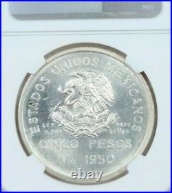 1950 Mexico Silver 5 Pesos Southern Railroad Ngc Ms 64 Scarce Beautiful Bu Coin