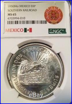 1950 Mexico Silver 5 Pesos Southern Railroad Ngc Ms 65 Key Date Beautiful Coin
