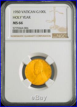 1950, Vatican, Pius XII. Beautiful Gold 100 Lire Coin. (5.19gm!) NGC MS-66