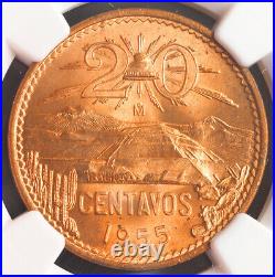 1955, Mexico (Republic). Beautiful Copper 20 Centavos Coin. NGC MS-65 RD