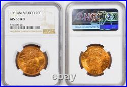 1955, Mexico (Republic). Beautiful Copper 20 Centavos Coin. NGC MS-65 RD
