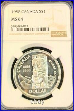1958 Canada Silver 1 Dollar Totem Pole Elizabeth II Ngc Ms 64 Beautiful Bu Coin