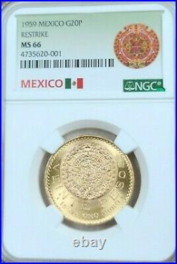 1959 Mexico Gold 20 Pesos Aztec Calendar Ngc Ms 66 Blazing Gem Bu Beautiful Coin