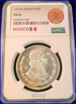 1961 Mexico Silver 1 Peso Jose Morelos Ngc Ms 66 Beautiful Toning Frosty Coin