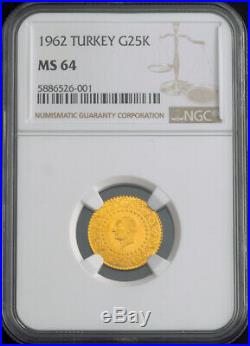 1962, Turkey (Republic). Beautiful Gold 25 Kurush Coin. (1.75gm!) NGC MS-64