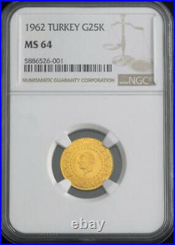1962, Turkey (Republic). Beautiful Gold 25 Kurush Coin. (1.75gm!) NGC MS-64