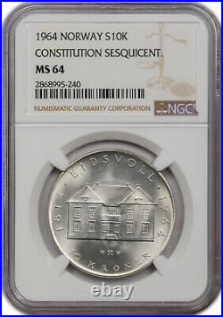 1964 Norway Silver 10 Kroner Constitution Sesquicent Ngc Ms 64 Unc Bu Beauty