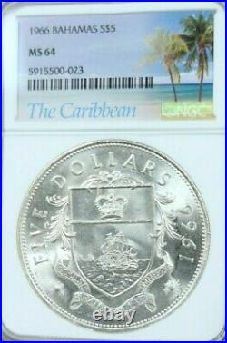 1966 Bahamas Silver 5 Dollars Coat Of Arms Ngc Ms 64 Scarce Bu Beautiful Coin