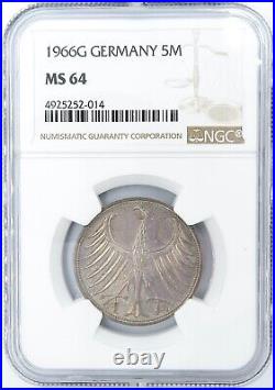 1966-G Silver German 5 Mark Coin MS64 NGC Beautiful Toning