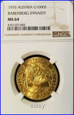 1976 Austria Gold 1000 Schilling Babenburg Dynasty Ngc Ms 64 Beautiful Coin