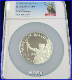 1979 Panama Silver 20 Balboas Vasco Nunez Ngc Pf 66 Ultra Cameo Beautiful Coin