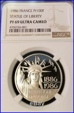 1986 France Platinum 100 Franc Statue Of Liberty Ngc Pf 69 Ultra Cameo Beauty