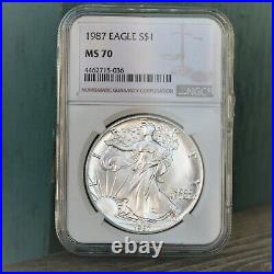 1987 American Silver Eagle $1 Dollar Bullion NGC MS70. Brown Label Beauty