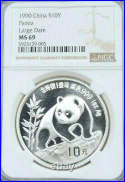 1990 China Silver 10 Yuan S10y Panda Large Date Ngc Ms 69 Beautiful High Grade