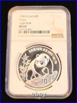 1990 China Silver 10 Yuan S10y Panda Large Date Ngc Ms 69 Beautiful High Grade