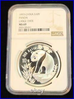1993 China Silver 10 Yuan S10y Panda Large Date Ngc Ms 69 Beautiful High Grade
